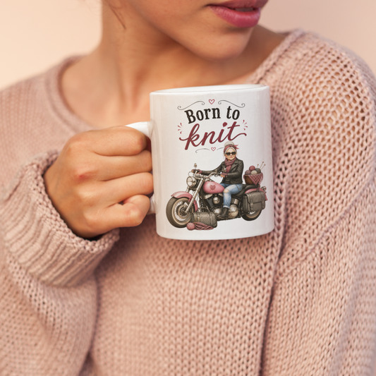 Woman holding a mug with 'Born to Knit' text and knitting-themed design.