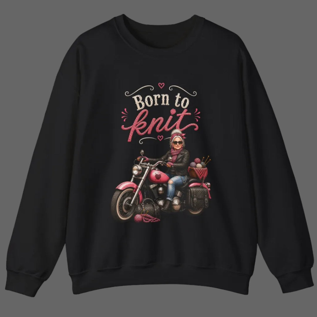 Black sweatshirt with a graphic of a person on a motorcycle and 'Born to Knit' text.