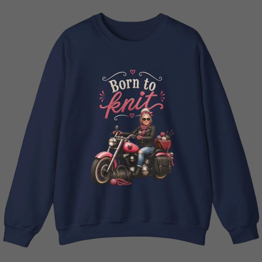 Navy blue sweatshirt with a graphic of a person on a motorcycle and 'Born to Knit' text.