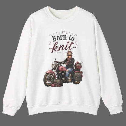 White sweatshirt with a graphic of a person on a motorcycle and 'Born to Knit' text.