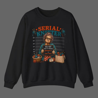 Black sweatshirt with 'Serial Knitter' graphic design on a white background