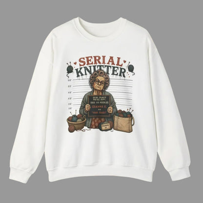 White sweatshirt with 'Serial Knitter' graphic design on a white background